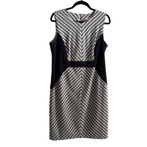 Calvin Klein Women Sz 14 Blue/White Striped Colorblock Sleeveless Sheath Dress